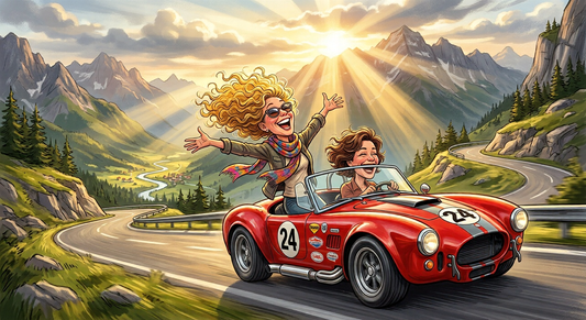 Two midlife women driving a red convertible sports car along the mountain side with the wind in their hair smiles on their faces as the sun kisses their skin. They feel totally free as they face their midlife crisis. 