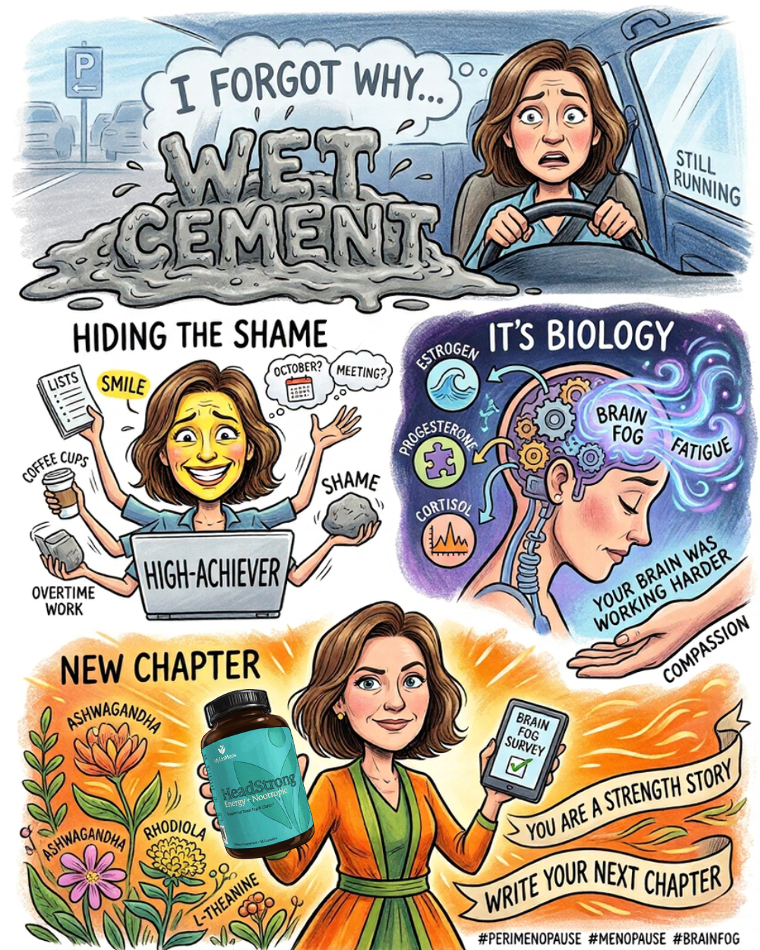 Illustrated infographic showing a midlife woman's journey from brain fog and shame to clarity, with HeadStrong by MyUnMess and a Brain Fog Survey.