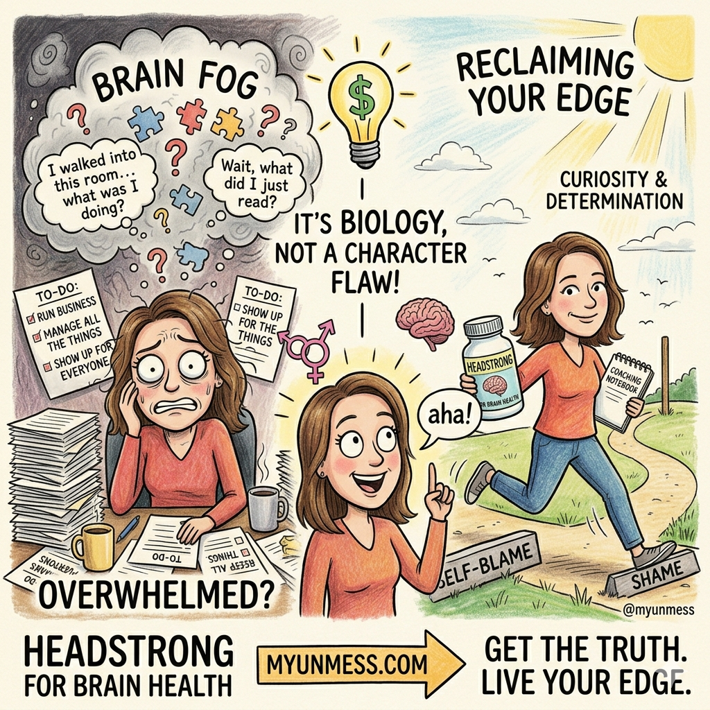 Same woman, two stories, on the left she's struggling with brain fog, self doubt and shame, on the right, she's taken control, and has reclaimed her mental edge