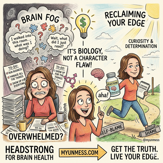 Same woman, two stories, on the left she's struggling with brain fog, self doubt and shame, on the right, she's taken control, and has reclaimed her mental edge