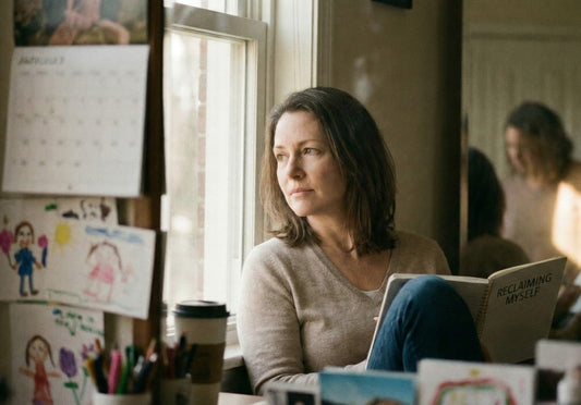 Midlife woman staring out the window, not writing in her book titled reclaiming myself