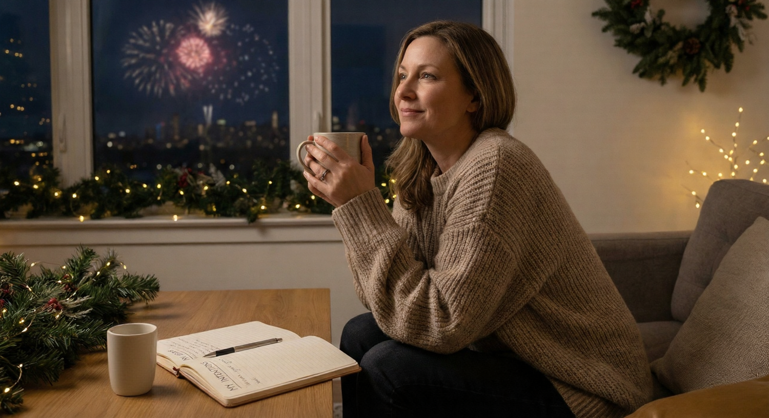A reflective midlife woman sits on a cozy sofa holding a warm mug while watching New Year’s fireworks outside the window, with a journal open beside her, symbolizing reflection, intention setting, and choosing herself for the year ahead.