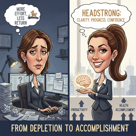 On left woman is depleted, trying to work more to get same output, she feels depleted. on the right the woman feels accomplished as she now has clarity, progress and confidence thanks to headstrong by myunmess