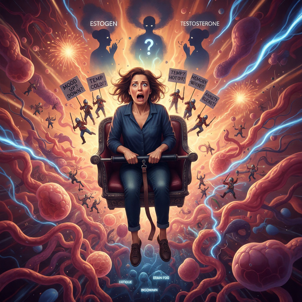 Woman on a roller coaster surrounded by chaotic hormone symbols and tiny soldiers representing body confusion.