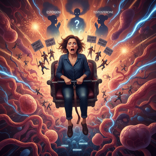 Woman on a roller coaster surrounded by chaotic hormone symbols and tiny soldiers representing body confusion.