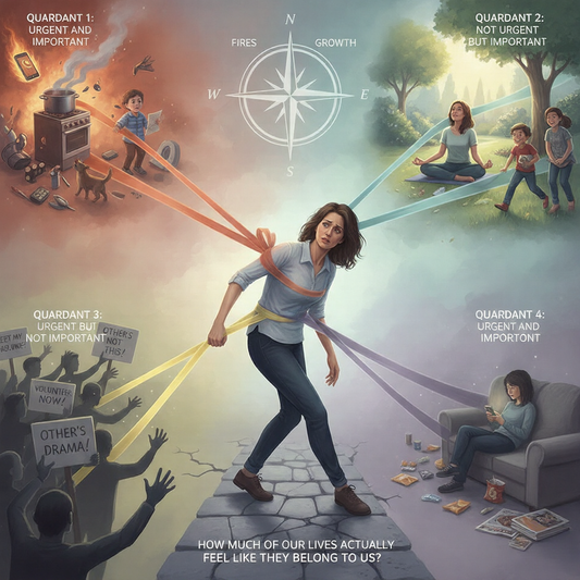 Illustration showing a woman overwhelmed by responsibilities and pulled away from personal growth.