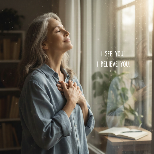 Woman with hand on heart standing by a window, eyes closed in peaceful reflection.