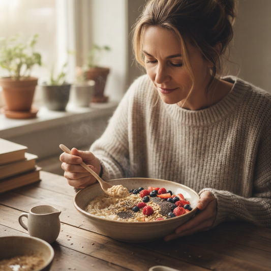 Woman eating a warm bowl of oatmeal topped with berries and seeds.