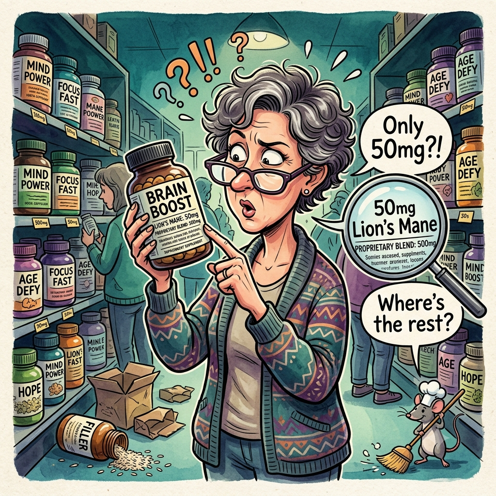 A Midlife woman in the supplement isle, trying to make sense of the nutritional labels, always confused, also lacking confidence.