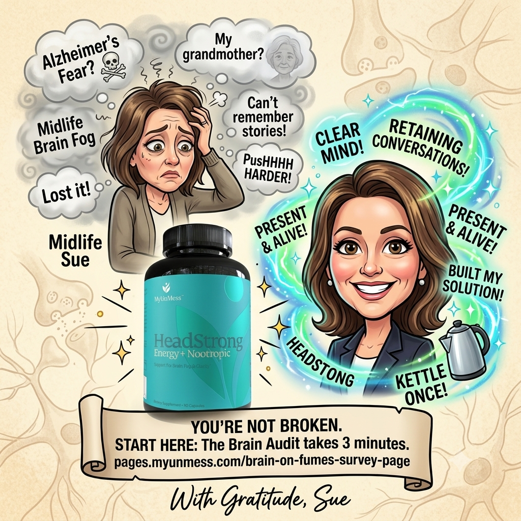 A caricature style image of Sue before and after taking HeadStrong supplements. Going from fear of Alzheimer's, brain fog and trying to push harder, to feeling clear, confident and present