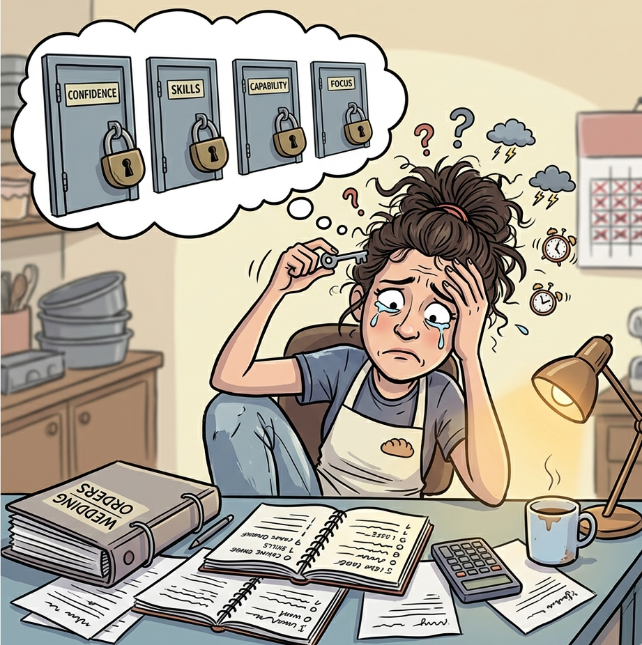 A woman sitting in her bakery office totally frazzled by a large order and locked out of her brain capacity to handle this order. 