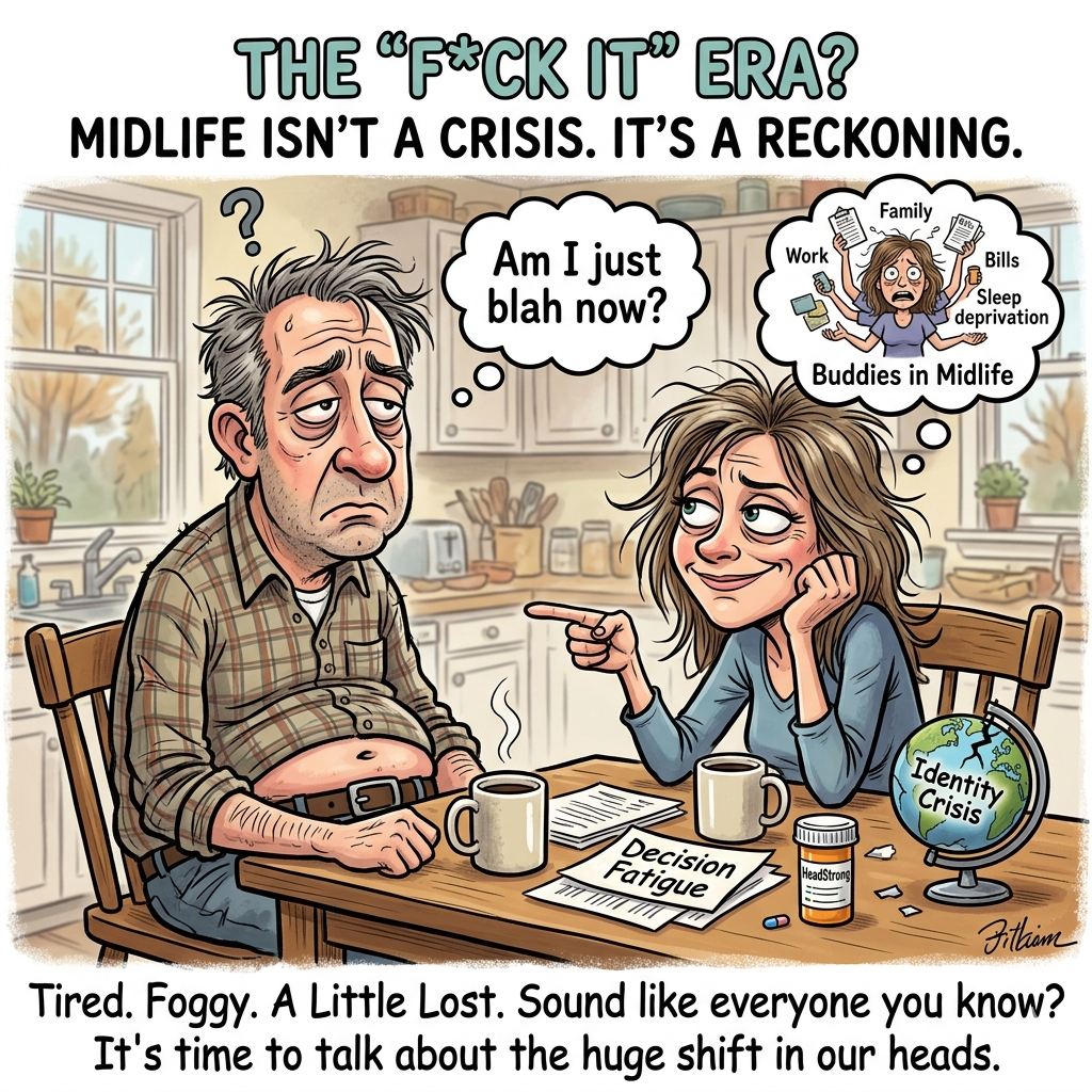 both a man and a woman are comparing midlife symptoms, weight gain, brain fog, decision fatigue, feeling blah and so much more