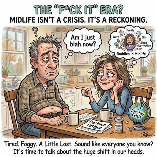 both a man and a woman are comparing midlife symptoms, weight gain, brain fog, decision fatigue, feeling blah and so much more
