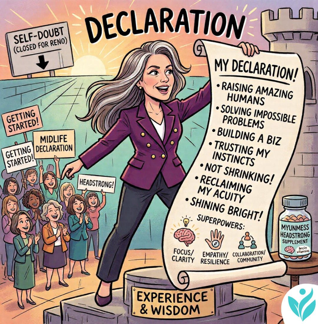 a strong midlife woman is standing on a pedestal making her declaration to herself public while receiving encouragement from the crowd