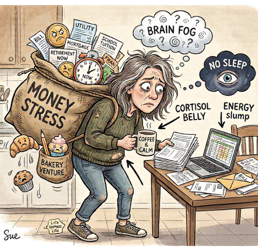 A woman carrying around the burden of money stress, which ads to all the biological challenges she is already facing such as brain fog, no sleep and lack of energy