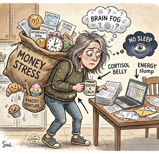 A woman carrying around the burden of money stress, which ads to all the biological challenges she is already facing such as brain fog, no sleep and lack of energy