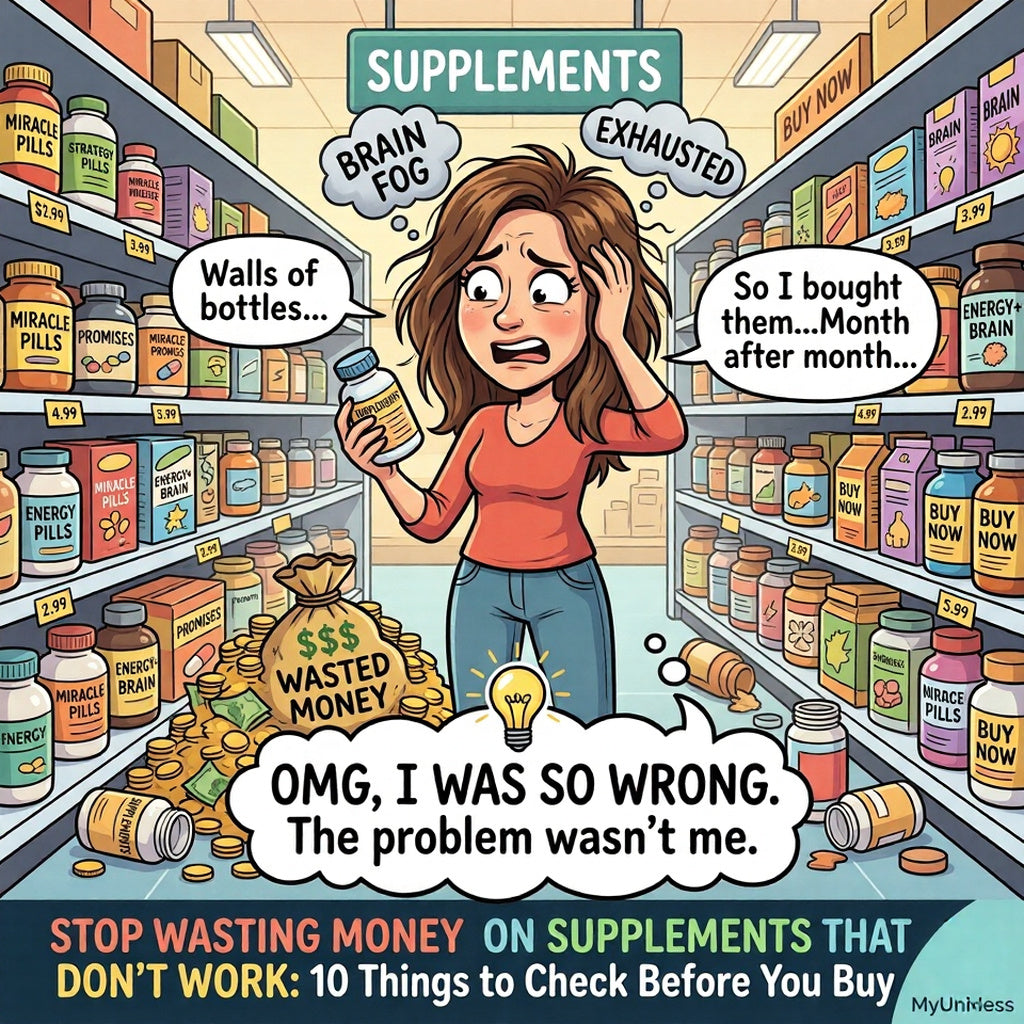 Woman in a supplement isle totally confused and exhausted, not sure what to trust and what not to trust and thinking she is the problem, overwhelmed and stressed