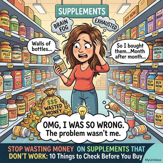 Woman in a supplement isle totally confused and exhausted, not sure what to trust and what not to trust and thinking she is the problem, overwhelmed and stressed