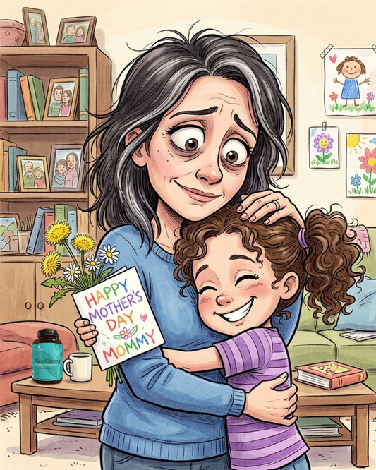 A tired mother is giving her daughter a hug for a thoughtful gift on mothers day, however she just wants to feel normal again