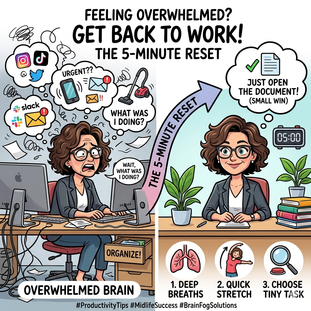 on the left there is a frazzled unorganized woman who has way too many things to do, and is distracted by the non important tasks, on the right, the woman did a 5 minute reset and is organized and ready to tackle wins