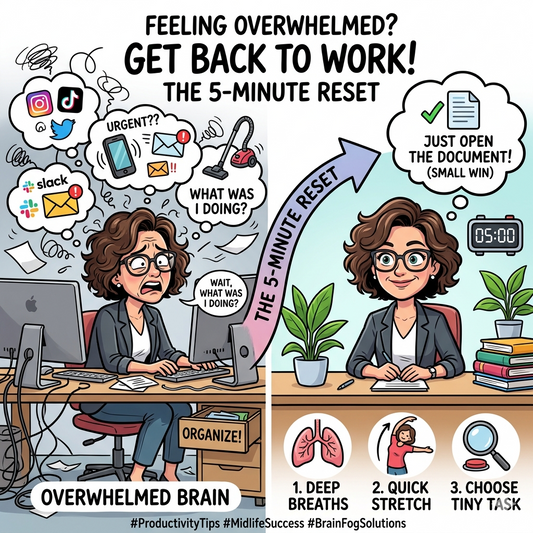 on the left there is a frazzled unorganized woman who has way too many things to do, and is distracted by the non important tasks, on the right, the woman did a 5 minute reset and is organized and ready to tackle wins