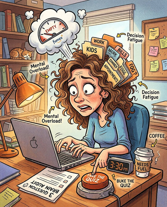 Woman with way too much on her mind and no brain capacity left to do any of the tasks. She's feeling overwhelmed. She tries everything and finally decided to take a brain quiz