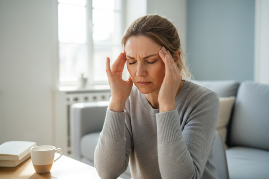 Midlife woman sitting at her desk rubbing her temples from her headache
